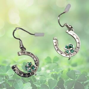 Lucky 4 Leaf Clover Shamrock Horseshoe Earrings